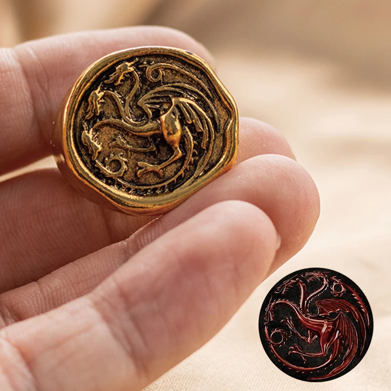 Anillo de Metal de aleación dorada de Dragon House Targaryen, accesorios de disfraz de fiesta de joyería, Cosplay de dragón de tres cabezas