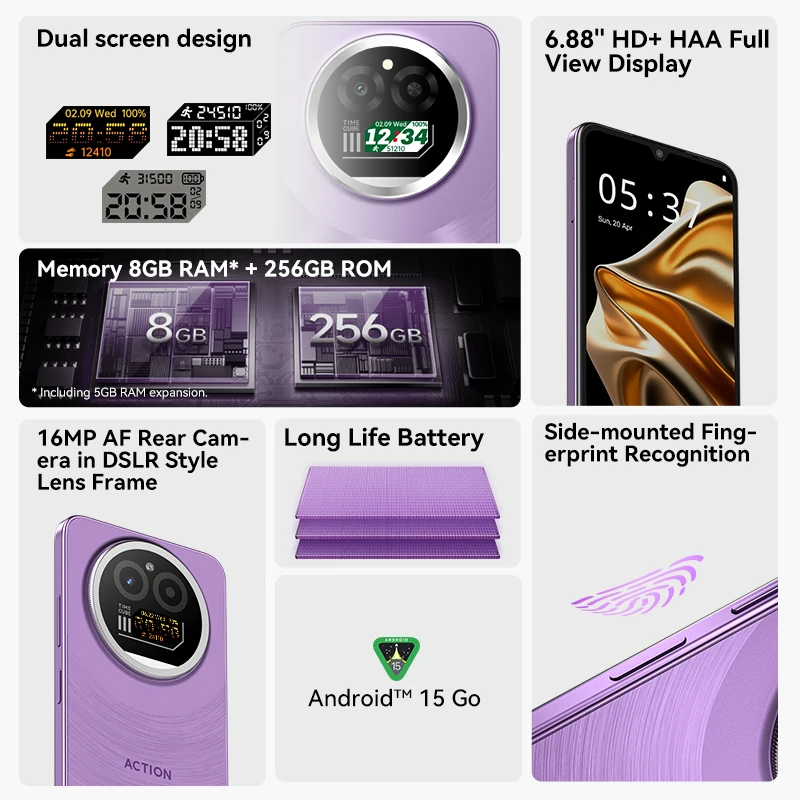 IIIF150 Action A5 Pro 4G Smartphone Android 15 6.88” HD+ HAA Full Angle Display 0.96” Dual Screen 8GB+256GB Mobile Phone 5100mAh