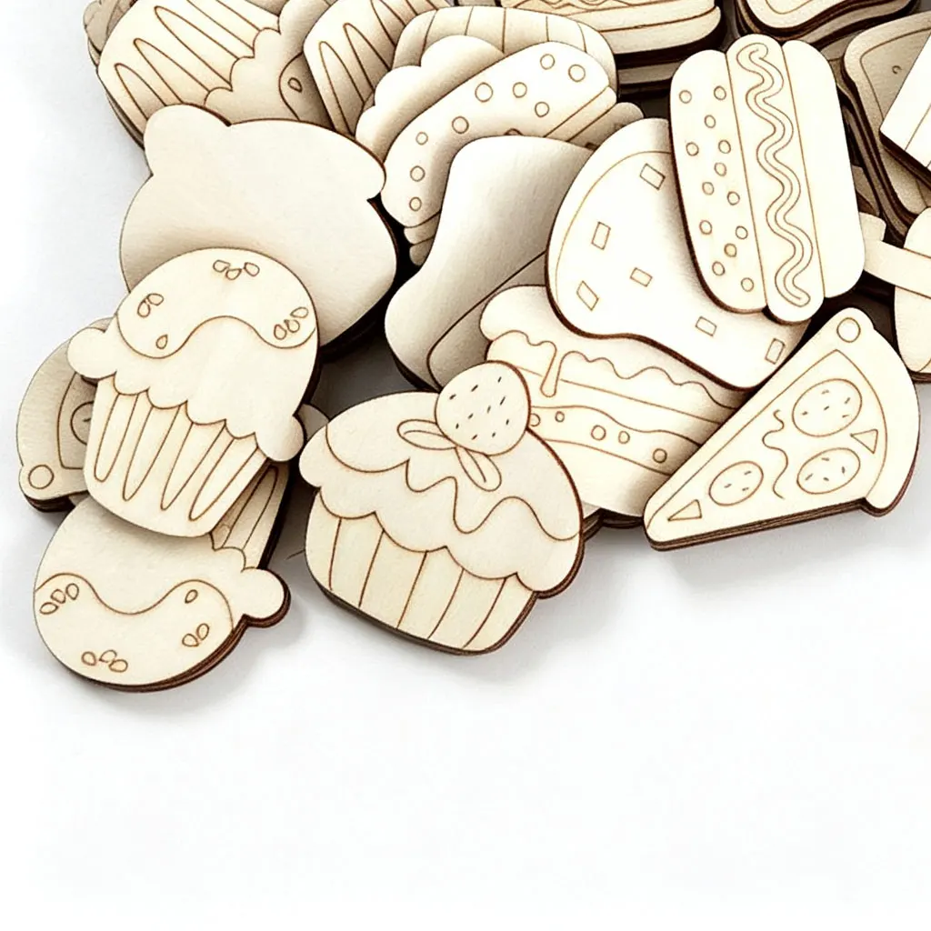 200PCS 40MM Random Cupcake Hot Dog Popcorn Wood Cutouts Unfinished Dessert Drink Food Theme Wooden Cutouts Wood DIY Crafts
