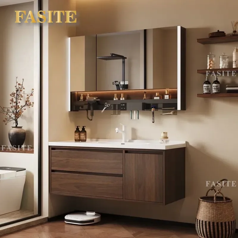 For Walnut Bathroom Cabinet Antique Ceramic Integrated Washbasin Combo Chinese Style Vanity Sink Unit for Home Hotel Decor