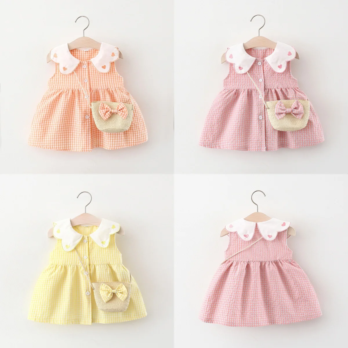 Girls Dresses Summer Checkered Cotton Sleeveless Dress Adorable Collared Baby Girl Dress With Matching Bag Baby Girl Clothing