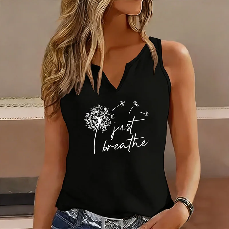 T-shirt V Neck Casual Fashion Just Breathe Dandelion Sleeveless Tank Top Vest T Shirts Women Short Sleeve Tee Shirt V-Neck