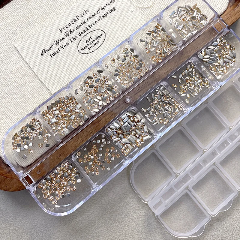 12-roosters Mix vormen Sparkle Mini afgeschuinde zirkoon plaksteen diamanten Nail Art strass decoraties manicure ornamenten set