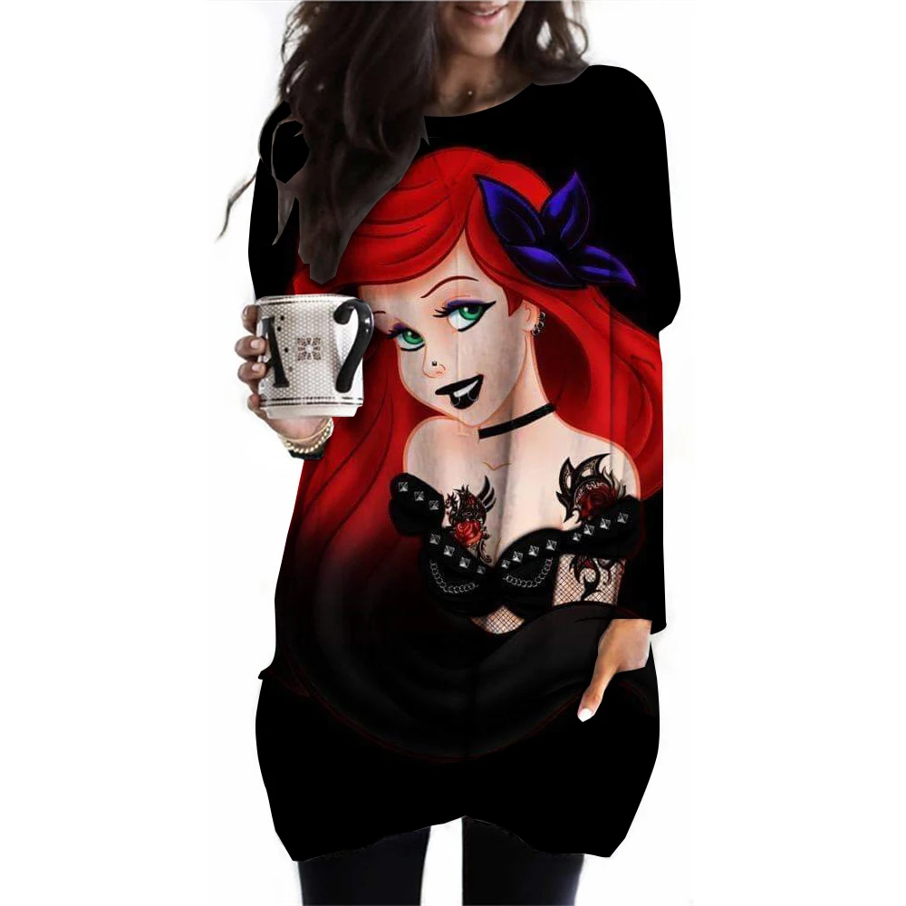 Spring and Autumn women\'s long sleeved round neck oversized T-shirt 3XL plus size casual Disney Princess print loose pocket long