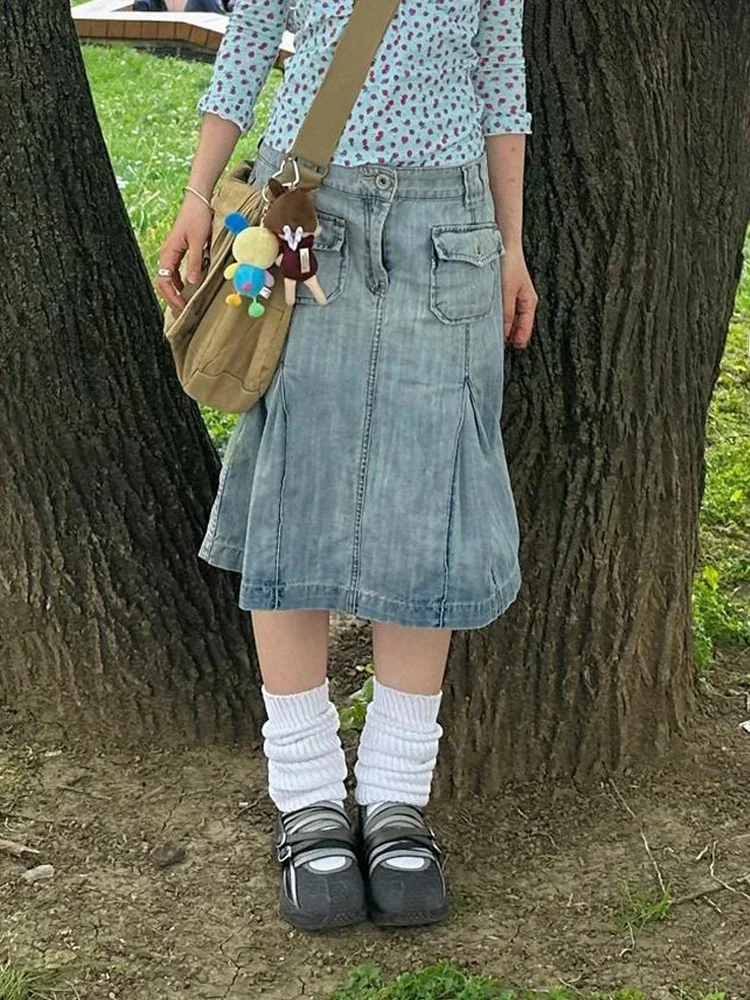 Women's Millennium Sexy Design f-length Skirt High Waist Midi Pure Color Skirt Retro American Waed Denim Skirt