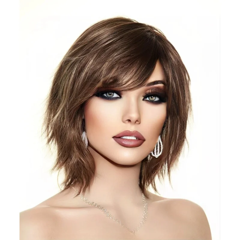 

Human Hair New Fashion Women's Long Natural Brown Mix Blond Wavy Wigs 12 In