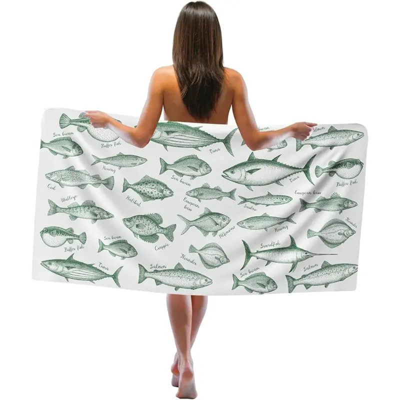 

ABFU-Vintage Green Fish Towel Boho Fishing Sand Beach Towels Quick Dry Bath Pool Towels