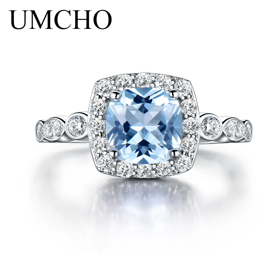UMCHO S925 Sterling Silver Rings for Women Nano Blue Topaz Ring Gemstone Aquamarine Cushion  Romantic Gift Engagement Jewelry