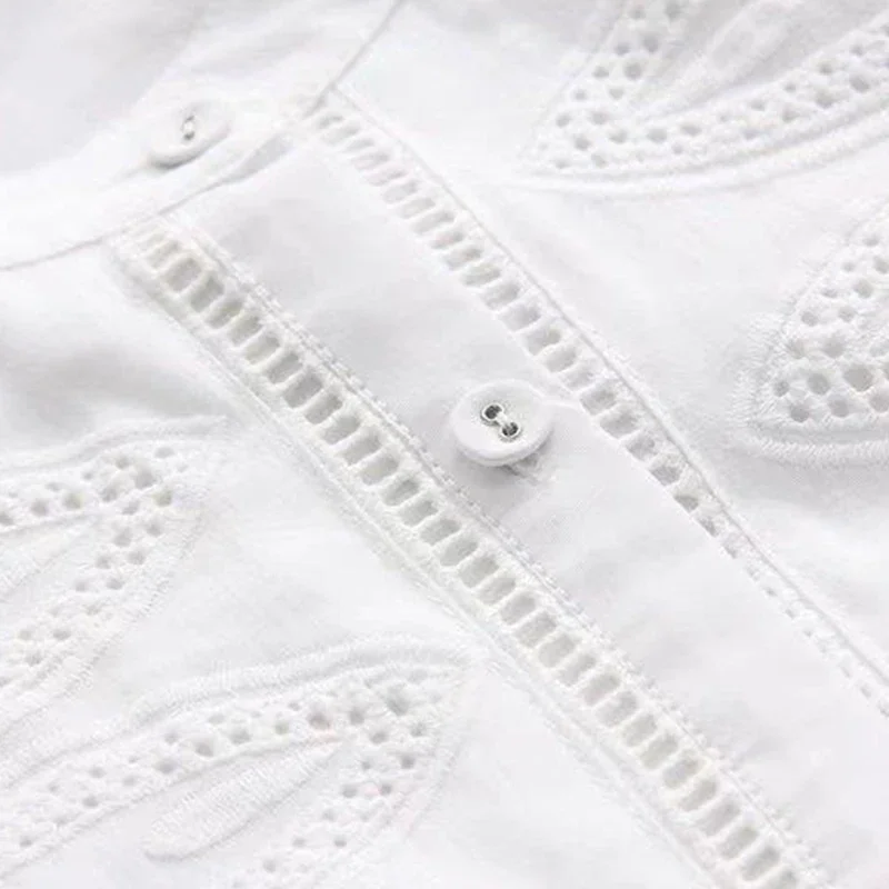 Spring Autumn Sweet Floral Embroidery Cotton Shirt Women Solid Color  Lace Stand Collar Long Sleeve Casual Looose Blouse Tops