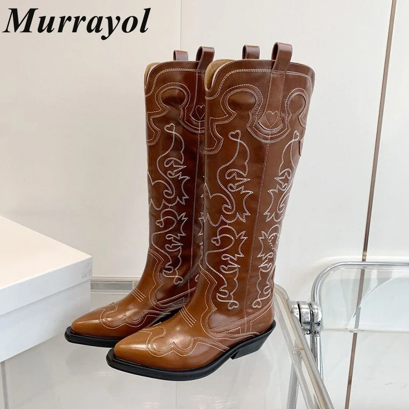 

Genuine Leather Splicing Short Boots Women Pointed Toe Mixed Colors Thick Heel Mid Calf Boots Spring Autumn Retro Modern Boots