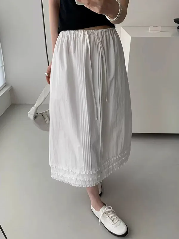 

plus Size Mid-Length A-Line Skirt with Drawstring Thin Lace Trim for Women Spring Summer High Waist Casual Korean Style