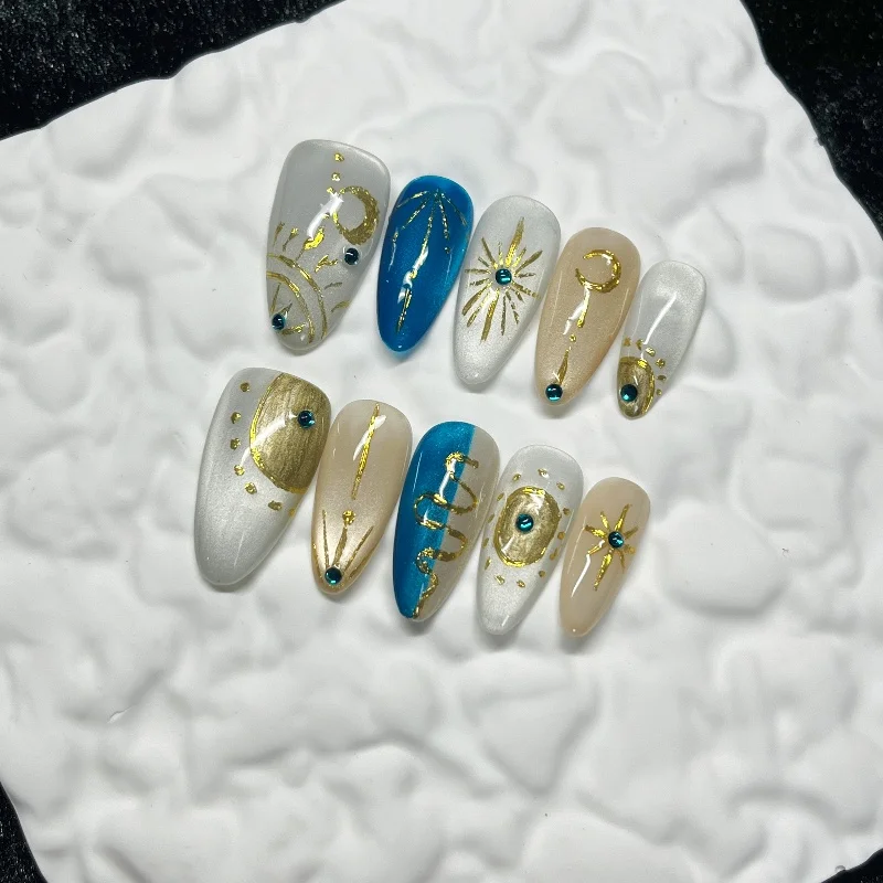 

10PCS Glossy Vibrant Blue Almond Handmade Press on Nails Sparkling Cat Eye Golden Moon Star Pattern False Nails Unique Fake Nail