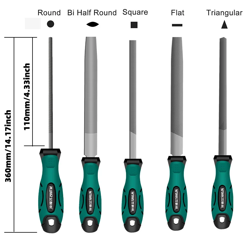 AMR 5pcs Metal Hand File Set Tool Set Large Carbon Steel Files Flat File Round File Half-Round Triangular File Square File