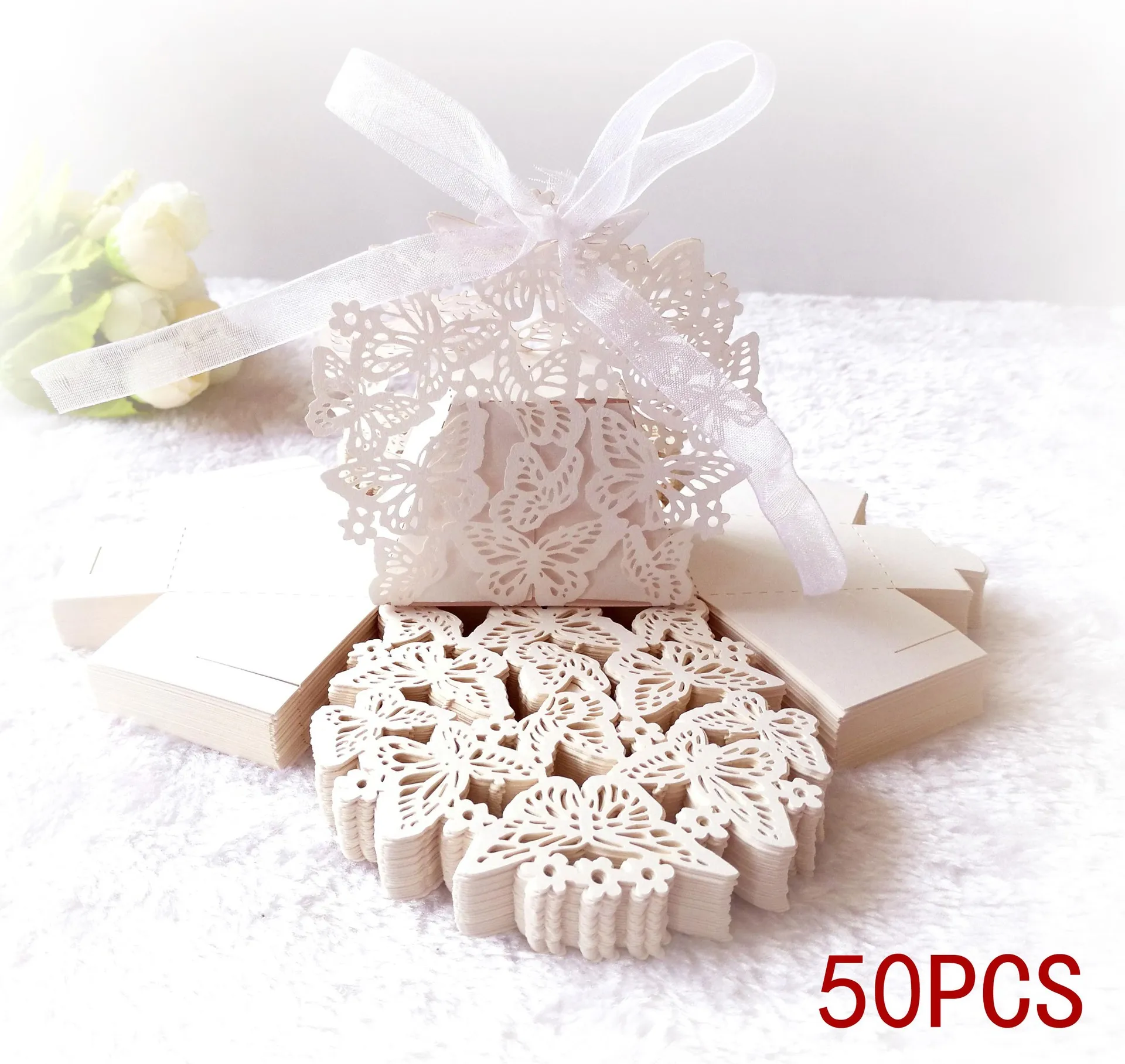 

50pcs Laser Cut Butterfly Carriage Favor Gift Candy Box With Ribbon Packaging Box Baby Shower Wedding Party Favor Decoration