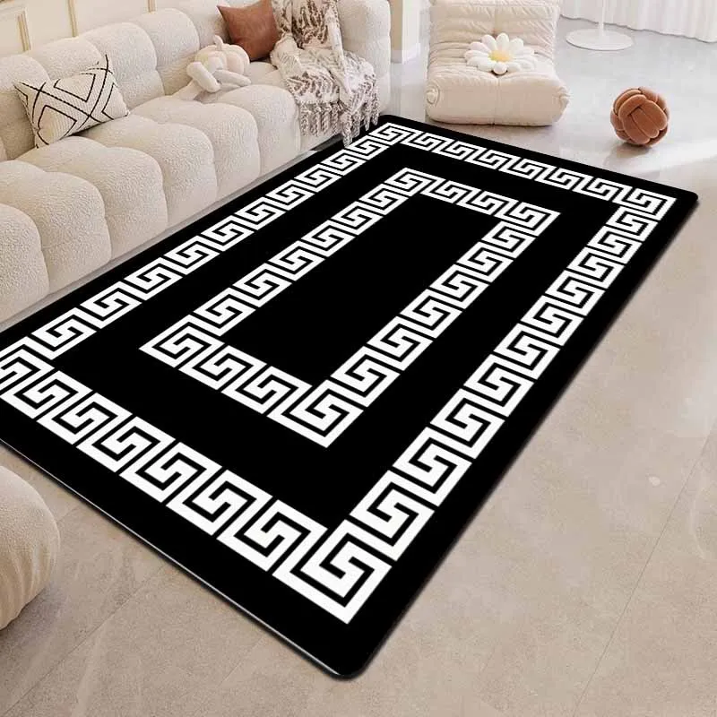 Greek Key Pattern Doormat - 2D Flat Printed Non-Slip Flannel Floor Mat for Entryway & Bedroom - Washable Modern Decor Carpet