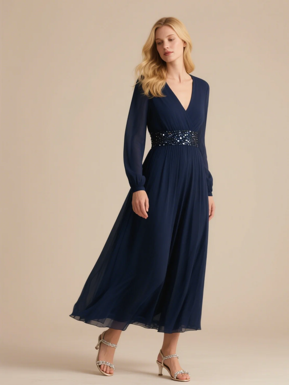 Fashions Elegantes Abendkleid mit langen Ärmeln und V-Ausschnitt, Pailletten, Chiffon, A-Linie, knöchellang, Hochzeitsgastkleid 2025, kostenlos individuell gestaltet