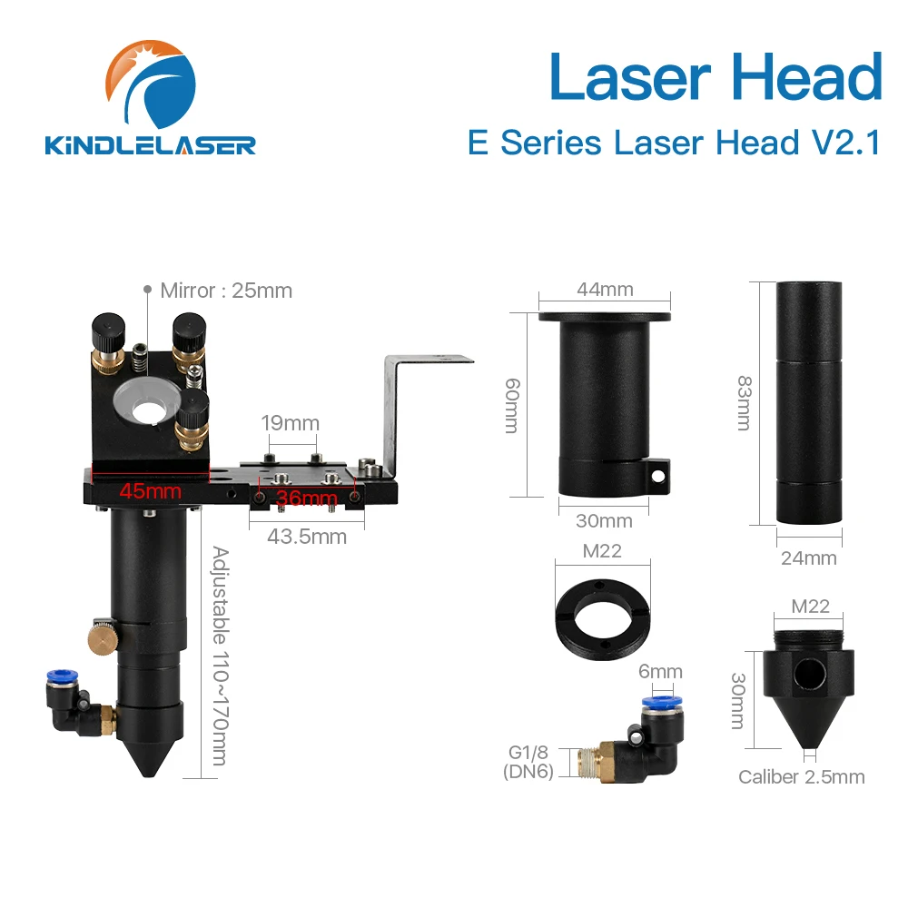 KINDLELASER E Series: CO2 Laser Head for Lens D18mm FL38.1 D20mm FL50.8 & 63.5 & 101.6 mm Mirror 25mm for Laser Cutting Machine