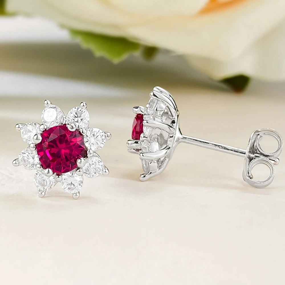 Vinregem 5MM Round Cut Ruby High Carbon Diamond Gemstone Vintage Flower Ear Studs Earrings 925 Sterling Silver Jewelry Wholesale