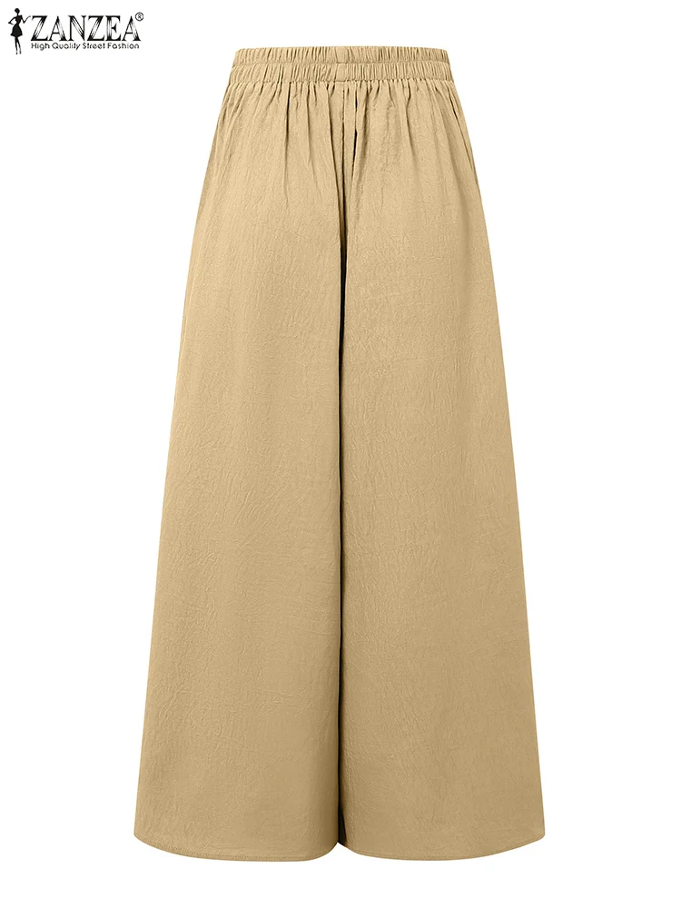 ZANZEA レディース カジュアル ワイドレッグパンツ 2025 秋 ルーズ 伸縮性 ハイウエスト クリンクル加工 無地 ズボン パラッツォパンツ