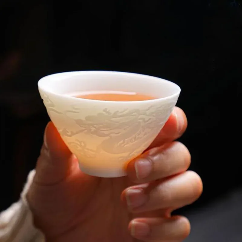 1 Pcs/Set Relief Dragon Phoenix Pattern White Color Kungfu Tea Cups Tea Bowl Kitchen Teaware Drinking Accessories
