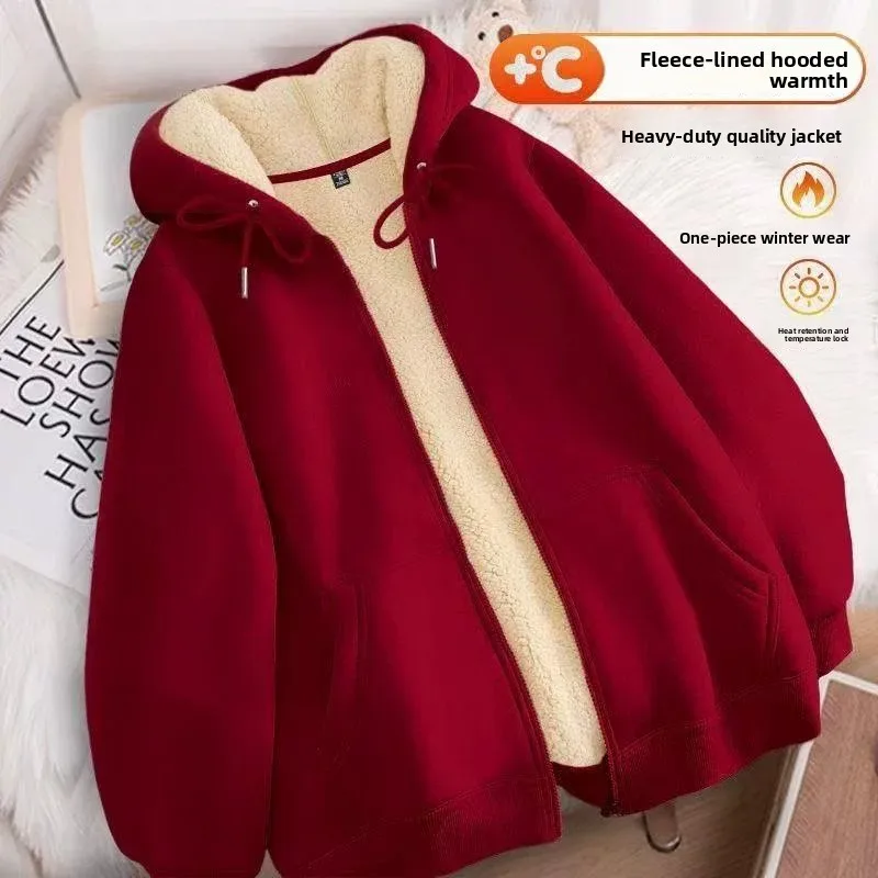 Women's Winter Thickened Fleece Lined Oversized Cardigan Hoodie Warm Casual Outerwear Polyester Fabric Zipper Design Long Sleeve
