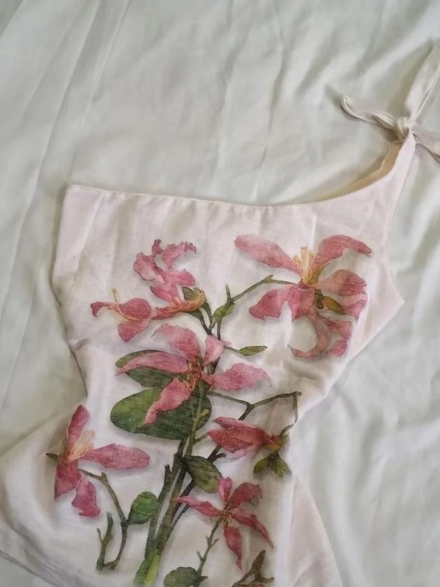 Vintage Botanical Pink Flower One Shoulder Top Women Tie Strap Slim Flared Hem Cottagecore Bohemian Summer Sleeveless Camisole