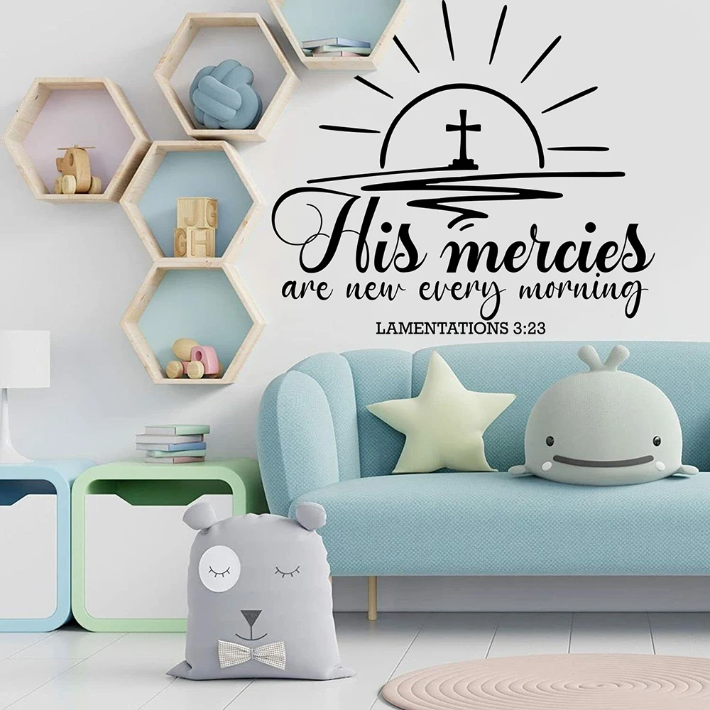 His Mercies Are New Every Morning Bible Verse Sun Wall Sticker Bedroom Religious Christian God Jesus Decal Kids Room Vinyl