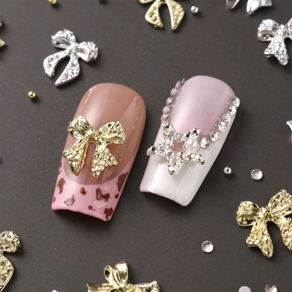 6-Gürtel, goldene, silbrige Metallschleife, Knoten und Stern, Nageldekoration, niedliche Schleife, Punk-Stern mit kleinem Stahlkugel-Design, DIY-Nageldekoration – Detail 7