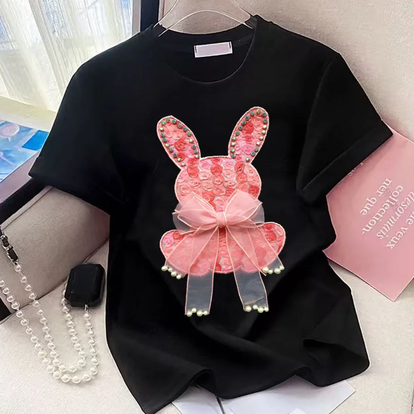 Heavy industry hot drilling and beading short-sleeved t-shirt female bear 2025 new half-sleeved design sense niche summer
