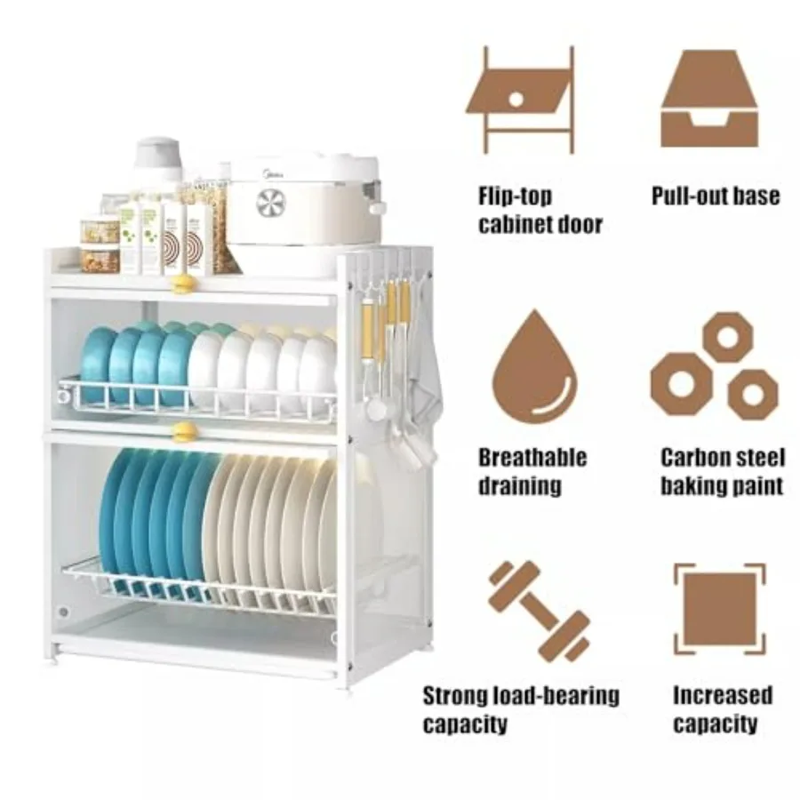 Stendino per piatti, stendino per piatti da cucina, portaposate a 3 livelli, scolapiatti con coperchio, coperchio scolapiatti staccabile