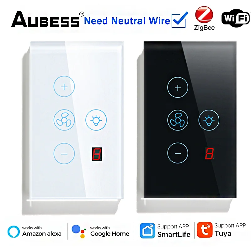 Aubess Zigbee Smart WiFi Five-speed Fan Light Switch Need Neutral Wire Tuya Smart Home Timing Control Support Alexa Google Home