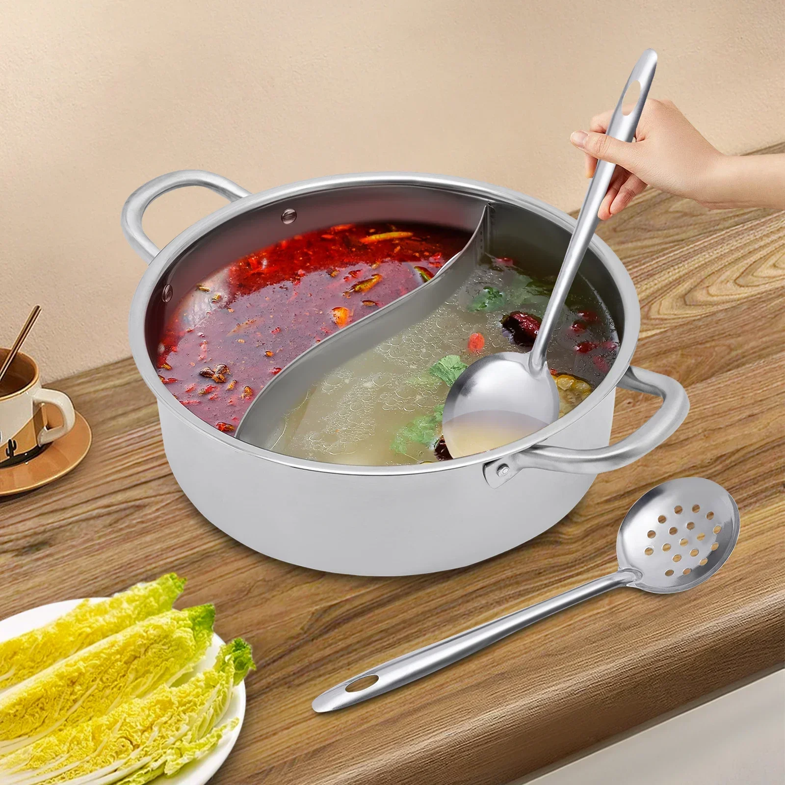 Olla caliente de acero inoxidable de calidad alimentaria 304, herramienta de cocina para sopa de cazuela con divisor y tapa para placa de inducción, estufa de gas (32 cm)