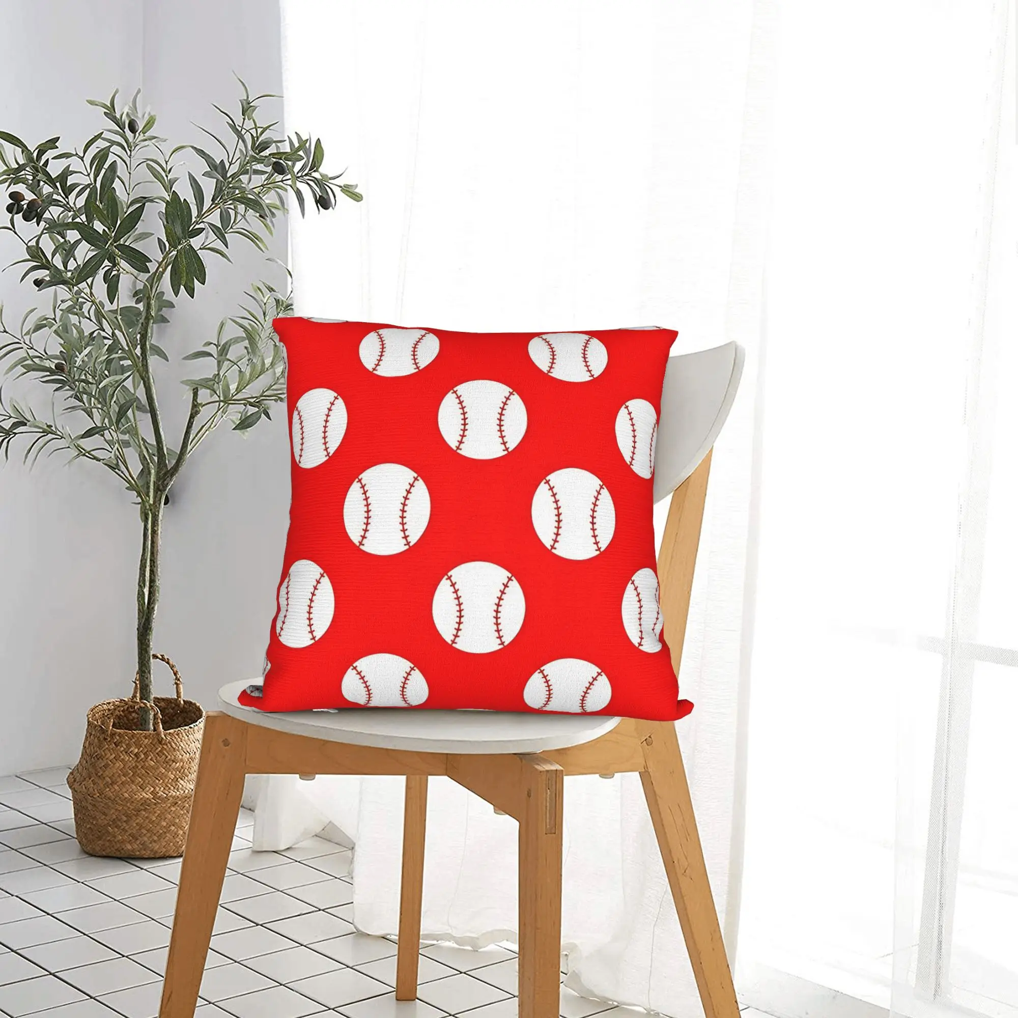 Red Stitching Baseball  Square Pillow Covers  Home Red Background Pattern  Cushion Cover Cute Decorative Throw Pillow Case