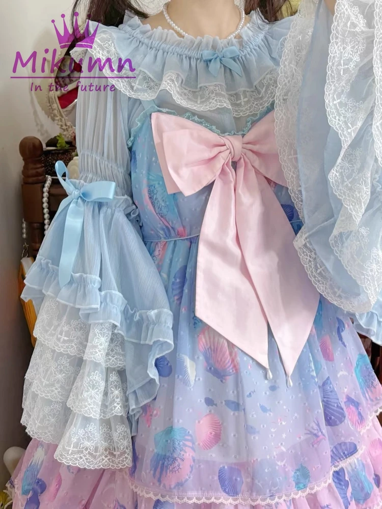 Mikumn-Chemisiers Lolita Harajuku pour femmes, chemise Kawaii japonaise, nœud en dentelle douce victorienne, volants, manches évasées, Y2K