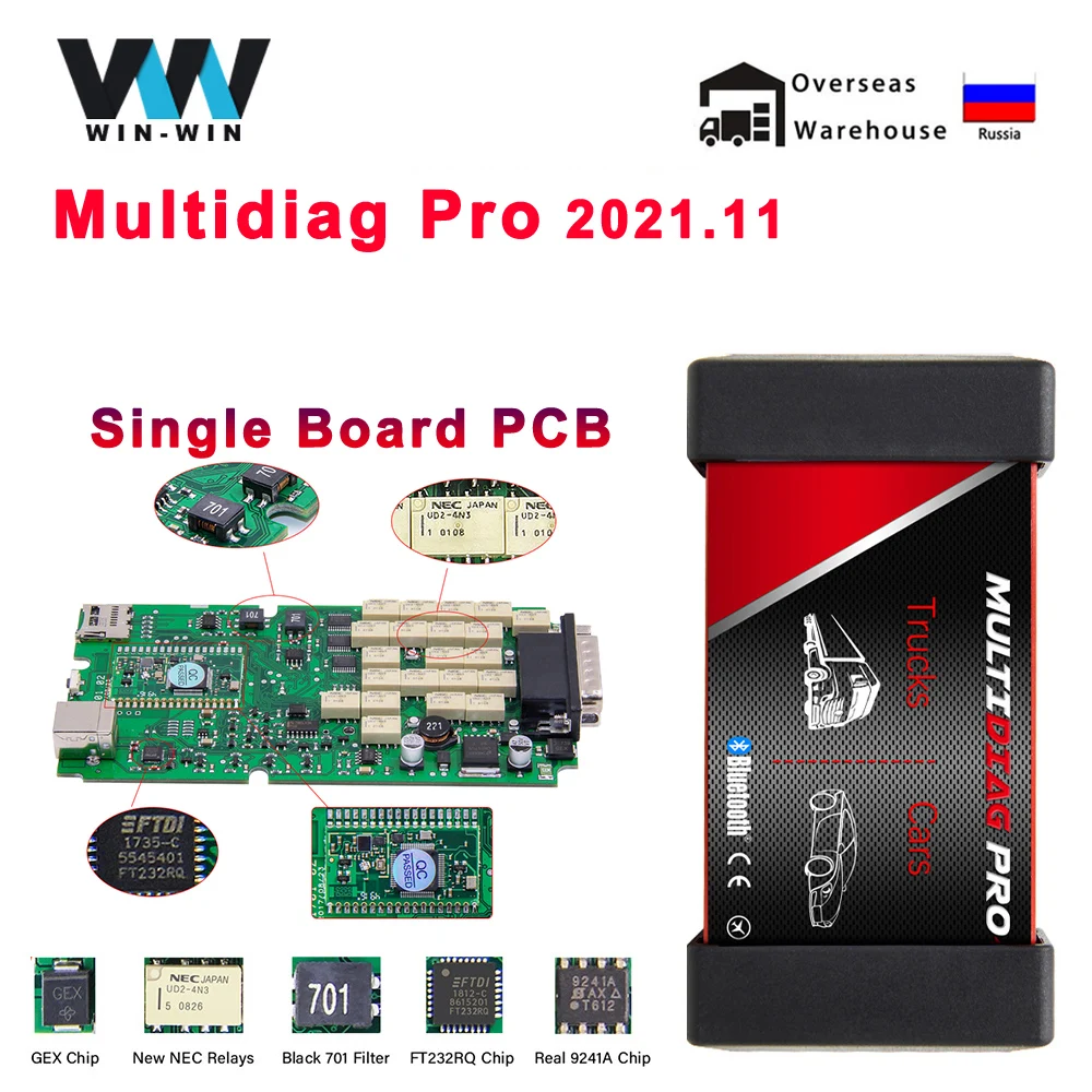 Multidiag Pro Single Board 2021.11 NEC Relays Bluetooth CDP OBD2 Scanner For Car Truck obd2 Car Diagnostic Auto tool