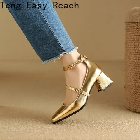 Luxury Silver Mary Jean Shoes Women Square Toe Buckle Strap Pumps Thick Heels Woman High Heeled Sandals Ladies Mirror Heels 2024