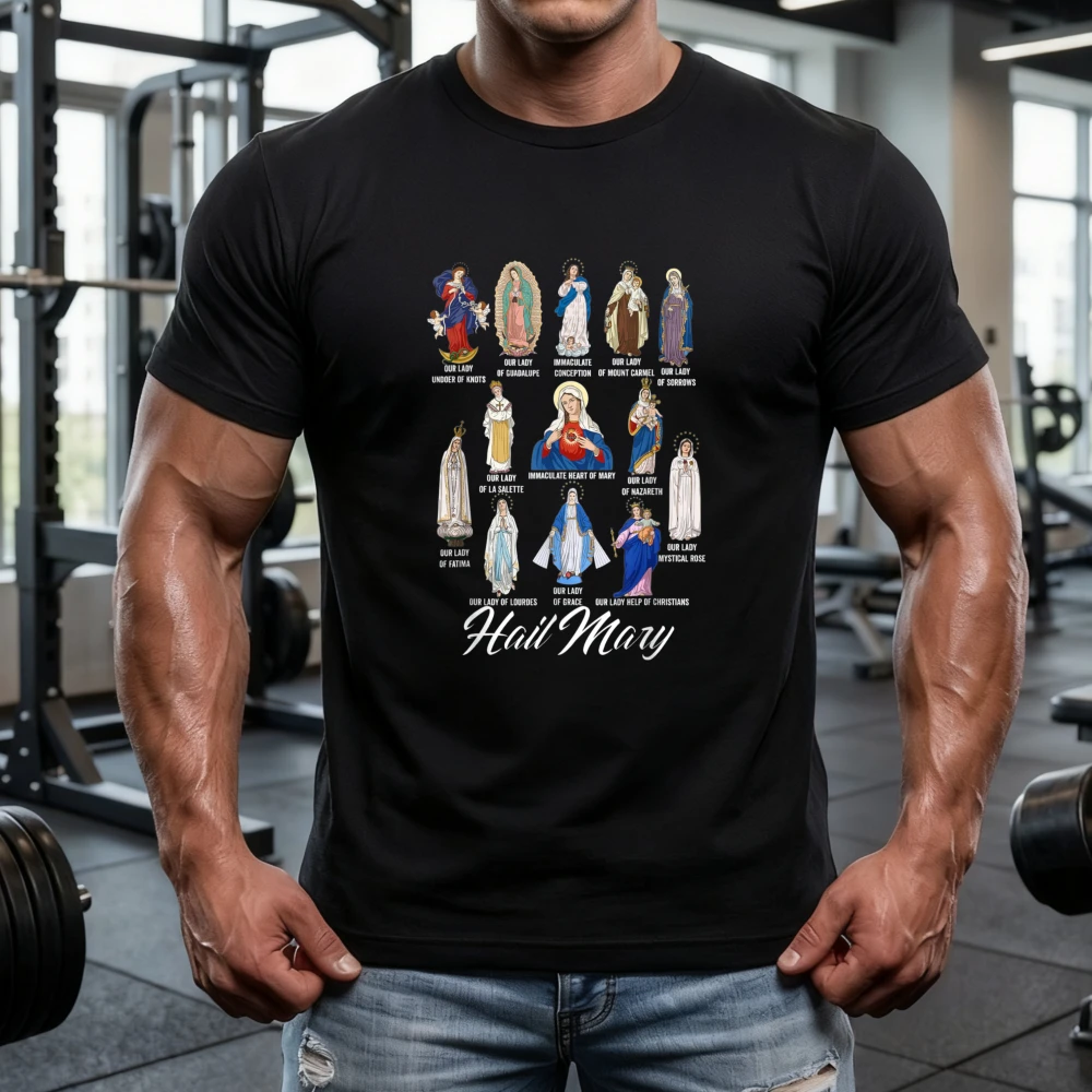 Our Lady The Blessed Mother Catholic T-Shirt Hail Mary Text Religious Icons Sacred Figures Printing Tshirt Unisex Cotton Tees