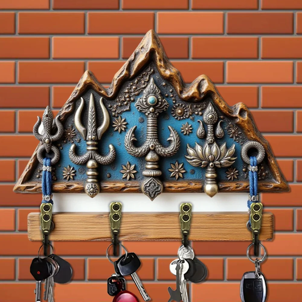 2D Flat, 1pc, Artistic Metal Key Hook Wooden Multifunctional Home Key Hook with Four Metal Hooks, Wall Decoration, Porch