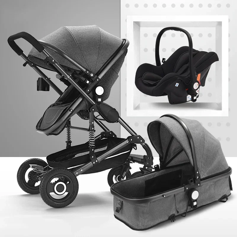 Cochecito de bebé de paisaje alto 3 en 1 con asiento de coche rosa, asiento de viaje de lujo, cochecito de bebé