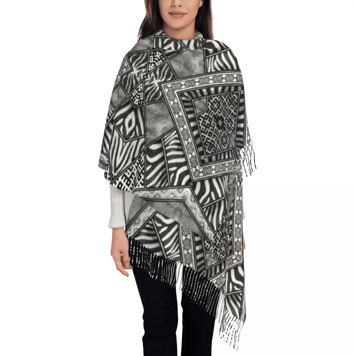 

Zebra Fur Skin Ethnic Tribal Geometric Ornaments Scarf Wrap Women Long Winter Warm Tassel Shawl Animal Leather Texture Scarves