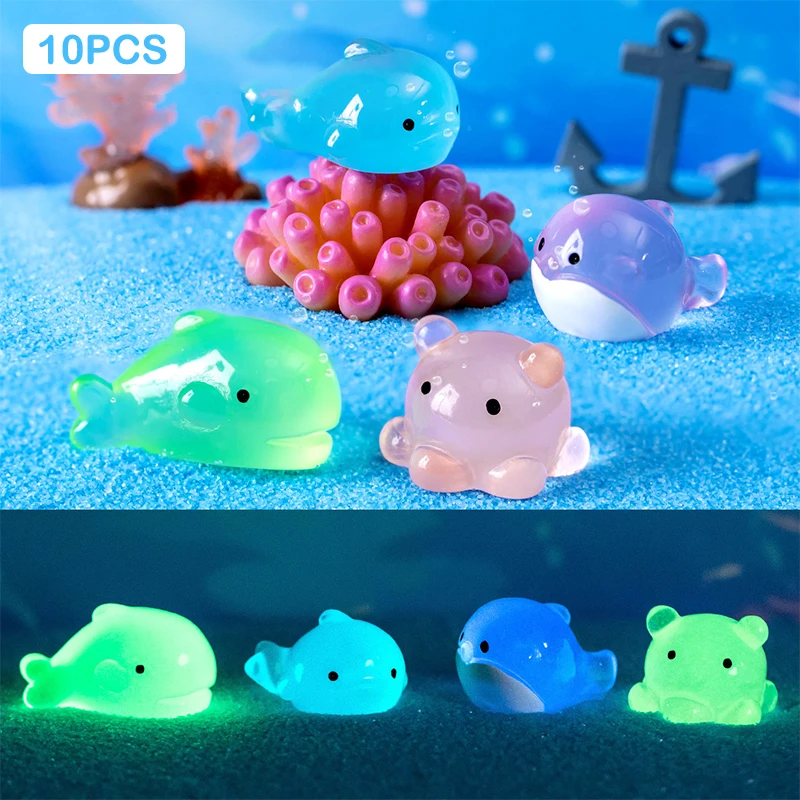 10PCS Cute Resin Luminous Whale Octopus Marine Organism Miniature Ornament For Fairy Garden Micro Landscape Potted Decoration