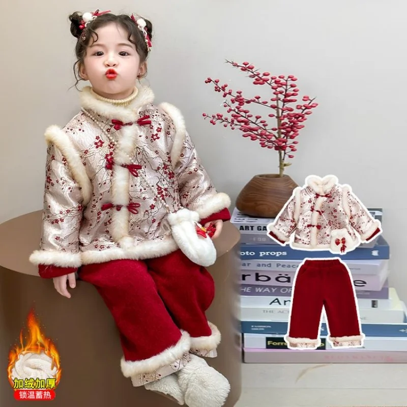 

2025 зимний теплый детский комбинезон для детей от 2 до 10 лет, традиционные новогодние детские утепленные пальто + широкие брюки + сумки, комплект из 3 предметов