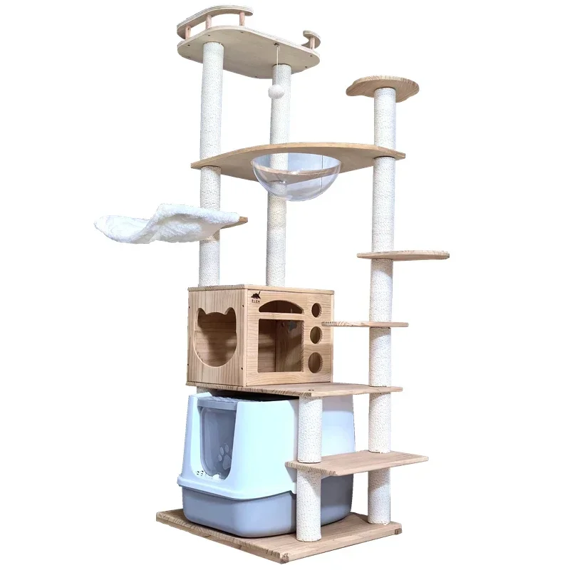 All solid wood large cat climbing frame double nest integrated villa yellow sisal column space capsule multi-layer cat litter