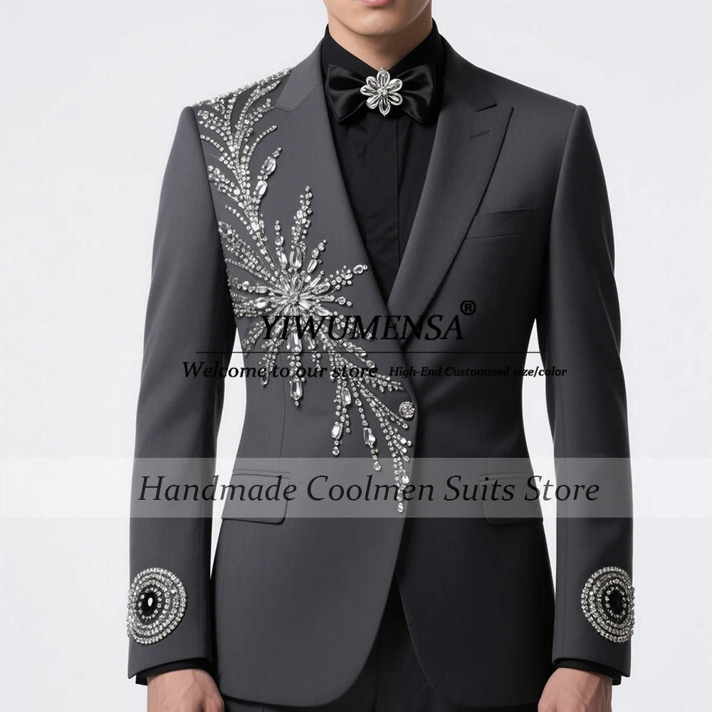 

Unique Design Beaded Stones Groom Wedding Suits Slim Fit Single Breasted Man Party Blazers Outfits Male Fashion Business Tuxedos