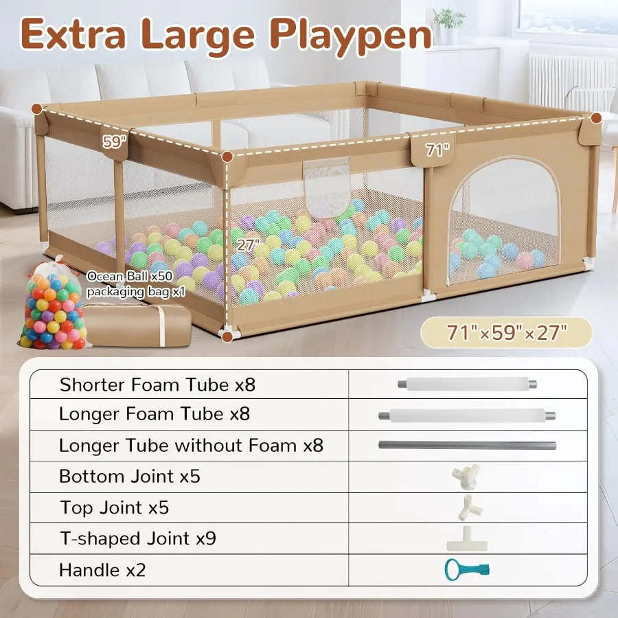 Large Baby Playpen 71x59 Inch Play Pen PlayardsPlaypen for Babies and Toddlers with 50 Ocean Balls and2 Handles-Sturdy Safety B