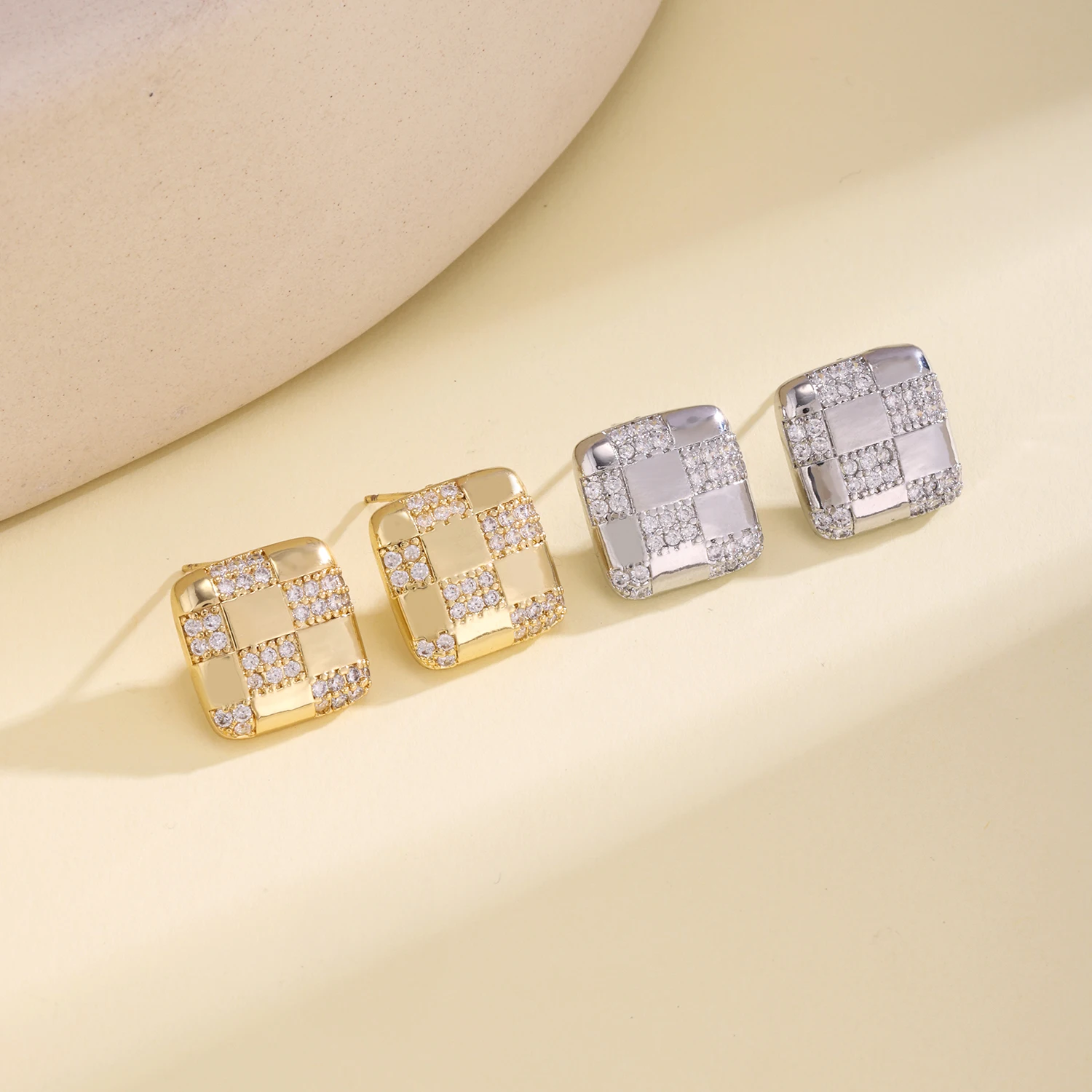 AIBEF Retro Checkerboard Square Stud Earrings with Paved Cubic Zirconia Luxury Geometric Statement Earrings for Women Girls