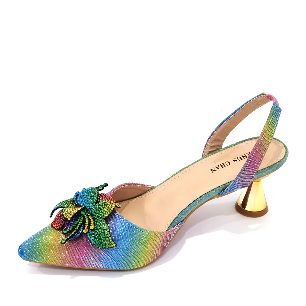 Elegant And Sexy Rainbow Color High Heels Shoes And Bag With Rhinestone Embellished Toe Is Comfortable Women\'s Shoes For Party