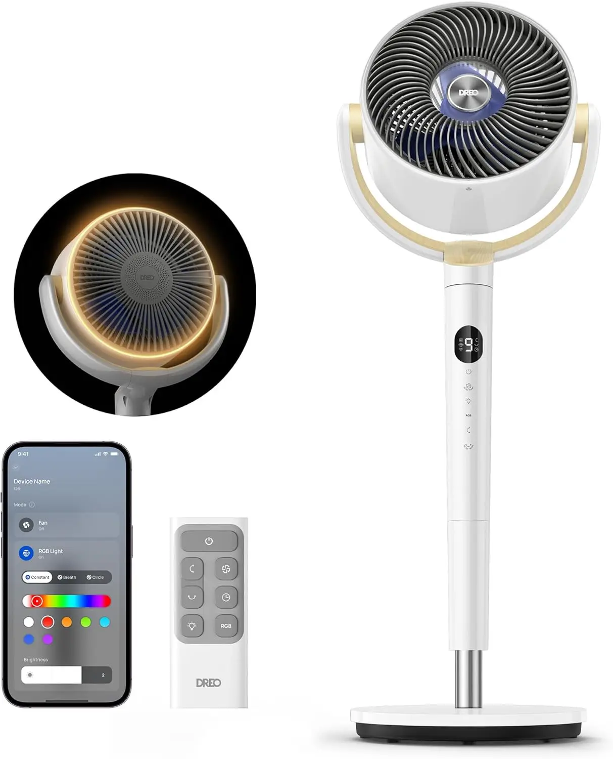 

Smart Fan for Bedroom, 120° +120° Omni-Directional Oscillating Fans, 100ft Quiet Pedestal Fan with RGB Light, 9 Speeds, 6 Modes,