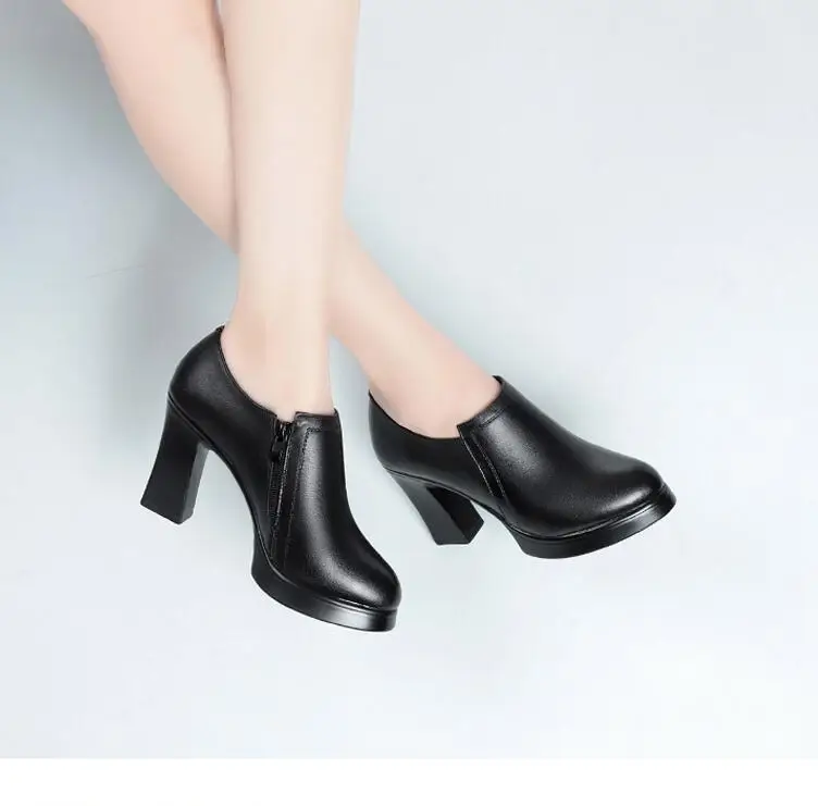 New High Heel Pointed Toe Thick with Black single shoes Fashion Women's Shoes Shallow High Heels Autumn High Heels Leather Shoes