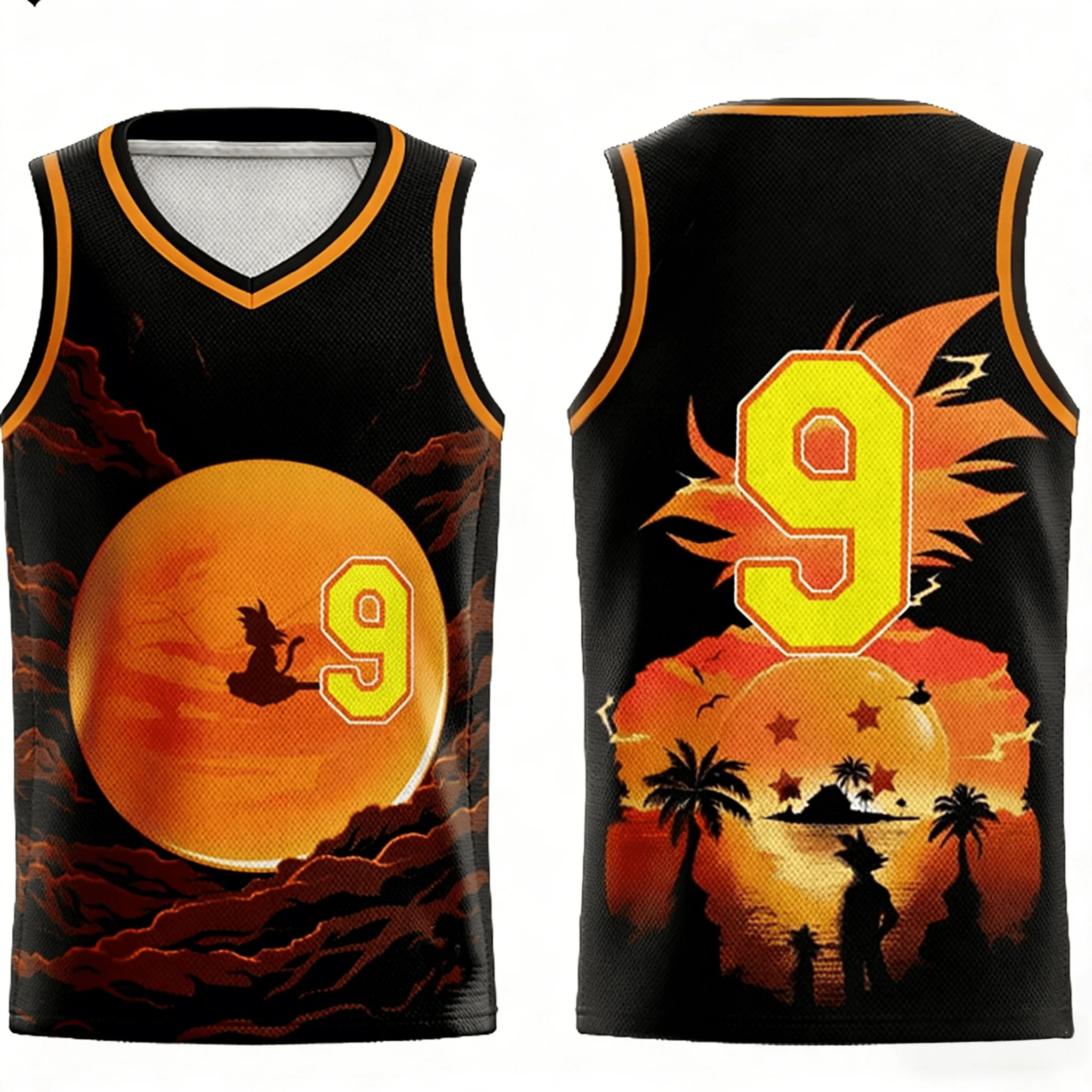Chaleco Deportivo Retro Dragon Ball Verano 2026, Estilo Oversize, con Estampado Gráfico de Goku, Nube Nimbus y Bolas de Dragón al Atardecer, Transpirable